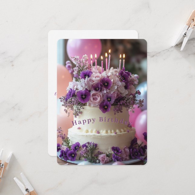 Carte Gâteau d'anniversaire Hydrangea Pansies Violettes  (Devant/Arrière en situation)