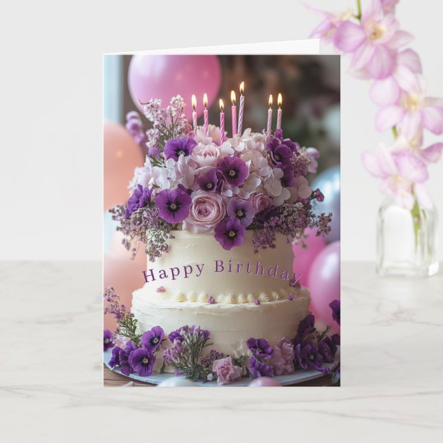 Carte Gâteau d'anniversaire Pansies Violettes Hydrangea  (Orchidée)