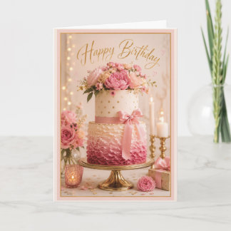 Carte Gâteau d'anniversaire rose et or élégant à volants