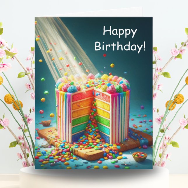 Carte Gâteau d'anniversaire Surprise Arc-en-ciel (Vibrant hues cascade on this birthday card, a sweet surprise awaits inside.)