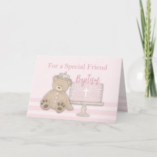 Carte Gâteau de baptême rose ours en peluche et diadème