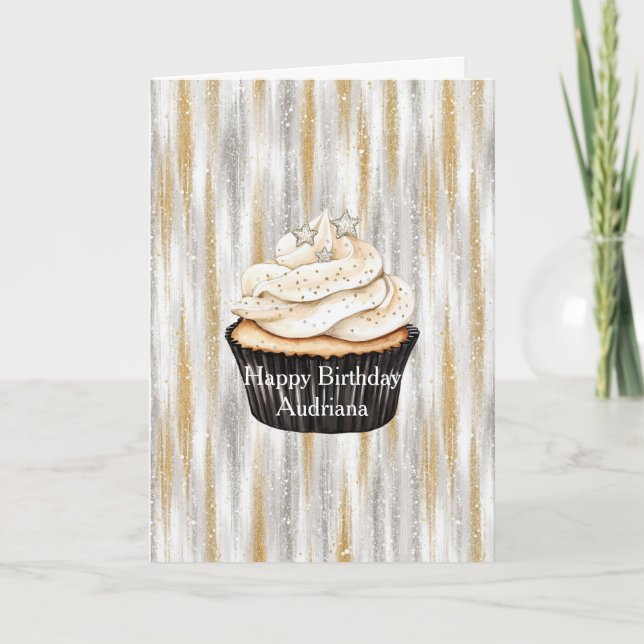 Carte Gâteau Glitzy Gold Silver Stars Anniversaire (Devant)