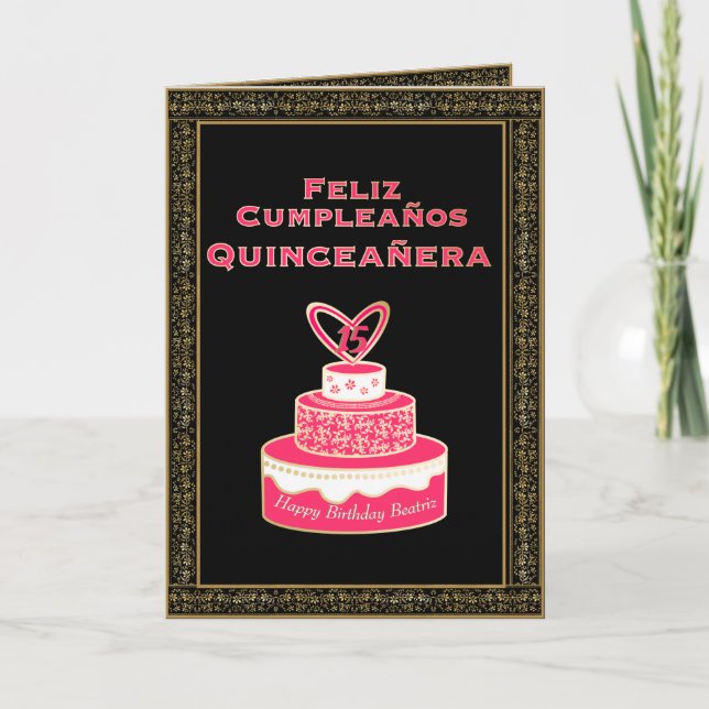 Carte Gâteau Quinceañera d'anniversaire en or rose Vinta (Devant)