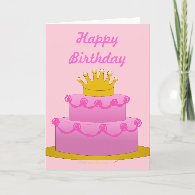 Carte Gâteau Rose Avec Couronne Anniversaire Blanc À L'I (Devant)