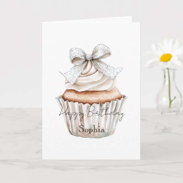 Carte Gâteaux Blancs Argentés Pailletés Ruban Anniversai (Petite plante)