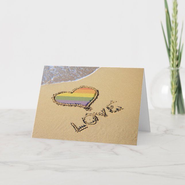 Carte Gay Rainbow Amour Coeur Dans Le Sable (Devant)