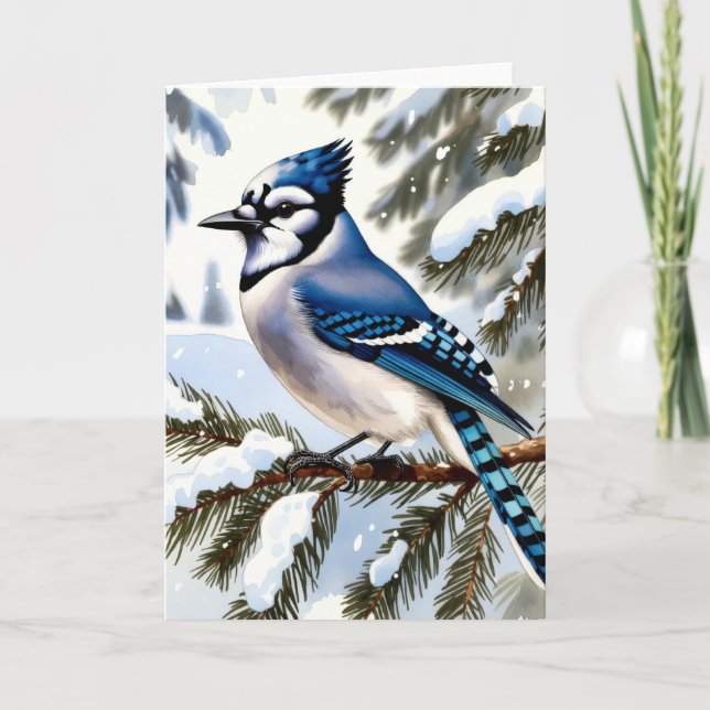 Carte Geai bleu dans les pins enneigés Message d'hiver (Devant)