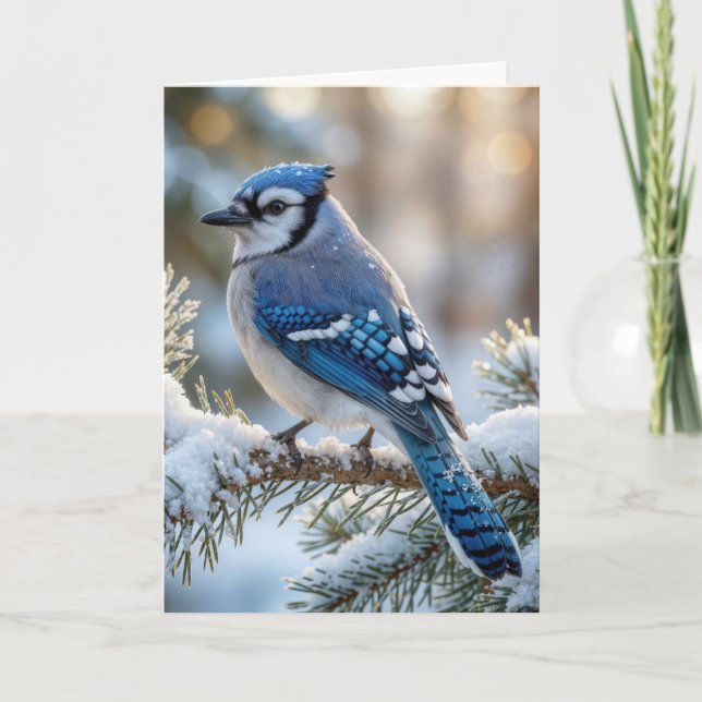 Carte Geai bleu de Noël sur un pin enneigé (Devant)