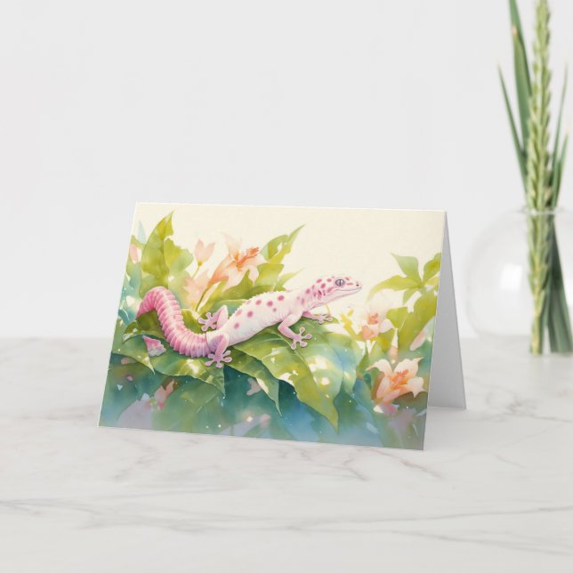 Carte Gecko à taches roses dans une floraison tropicale (Devant)