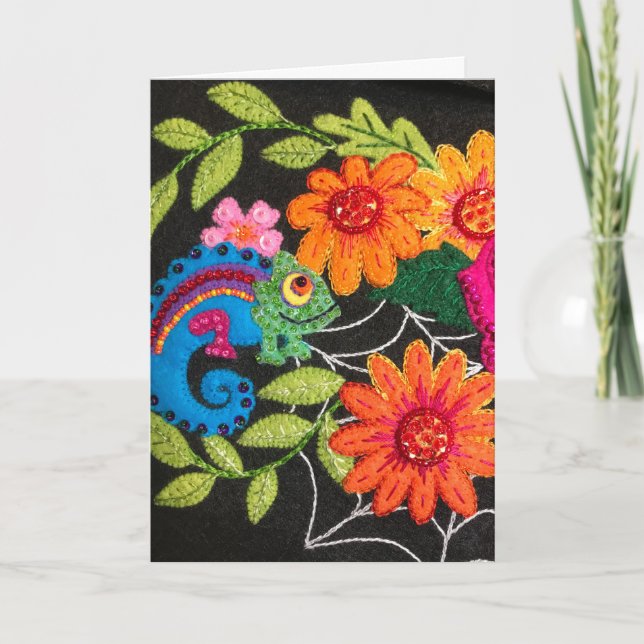 Carte Gecko Lézard Felt Birthday Brodé (Devant)