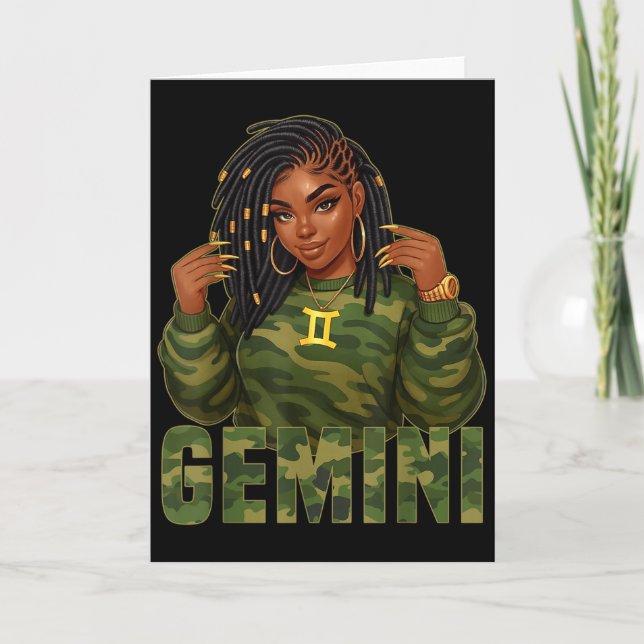 Carte Gemini Queen Loc'd Black Woman Camo Zodiac Sign  (Devant)