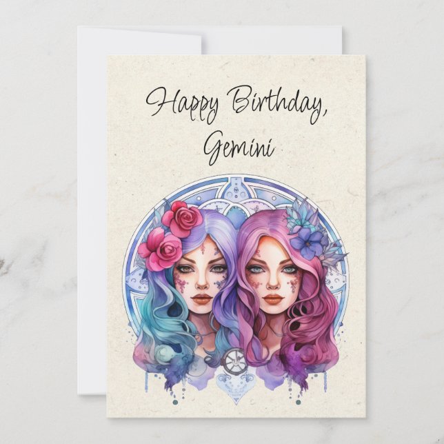 Carte Gemini Twins Zodiac Aquarelle Anniversaire A (Devant)