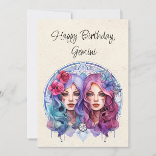 Carte Gemini Twins Zodiac Aquarelle Anniversaire A