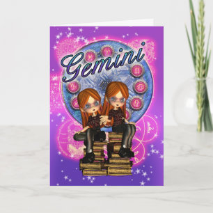 Carte Gemini Zodiac mignonne Avec Twin Girls Sur O