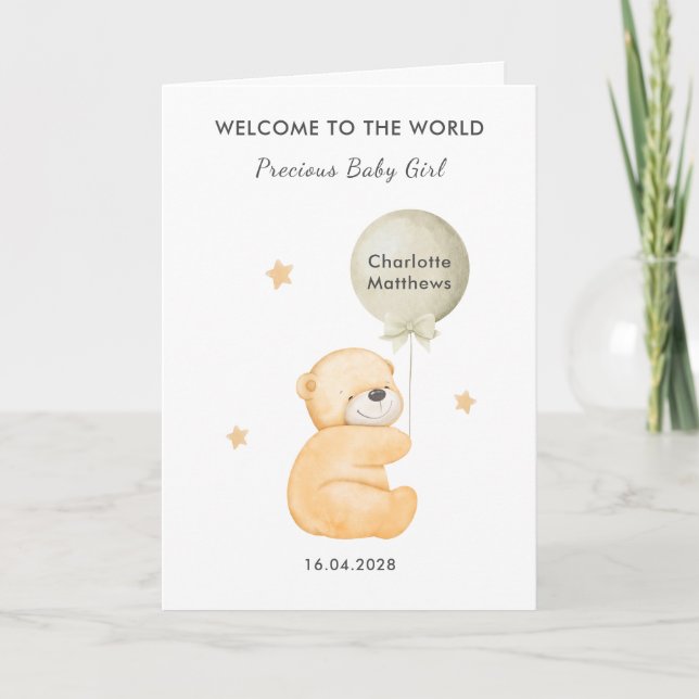 Carte Gender Neutral Balloon Bear Welcome Baby Card (Devant)