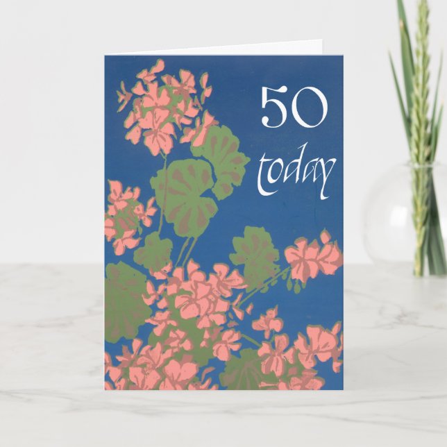 Carte Geraniums saumon rose sur Deep Blue, 50e anniversa (Devant)