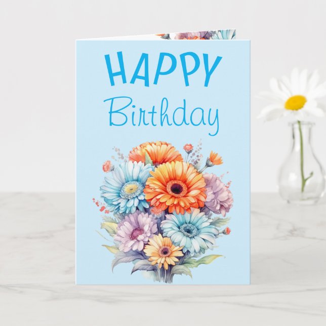 Carte Gerbera flowers happy birthday blank blue (Petite plante)
