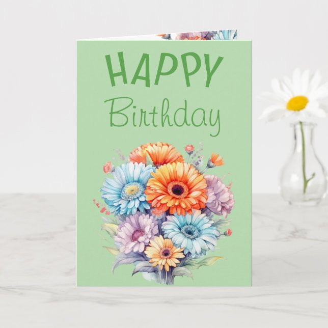 Carte Gerbera flowers happy birthday blank green (Petite plante)