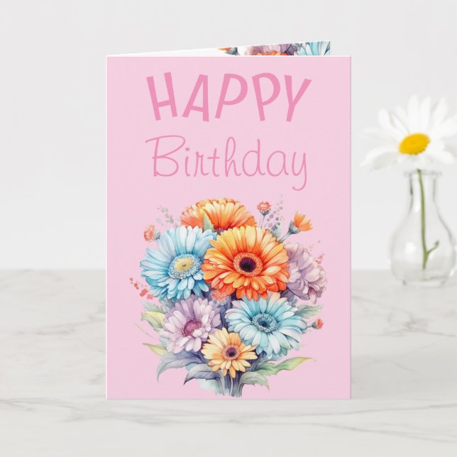 Carte Gerbera flowers happy birthday blank pink (Petite plante)