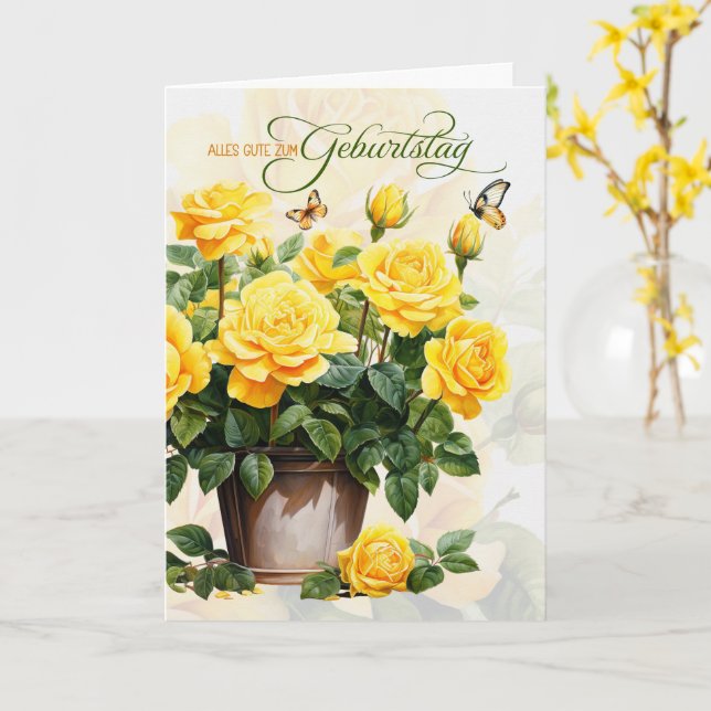Carte German Birthday Geburtstag Pot of Yellow Roses (Fleur jaune)