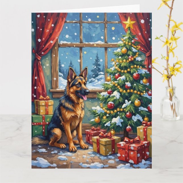 Carte German Shepherd Christmas Under The Tree (Fleur jaune)