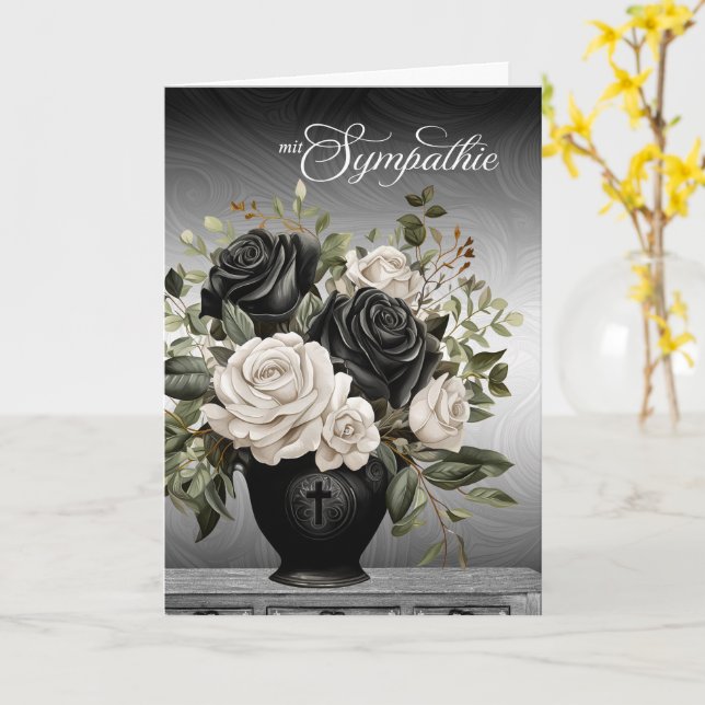 Carte German Sympathy Vase of Black and White Roses (Fleur jaune)
