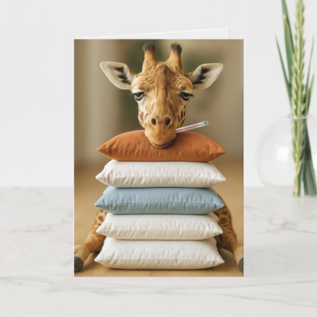 Carte Get Well Soon Sick Giraffe On Bed Pillows (Devant)