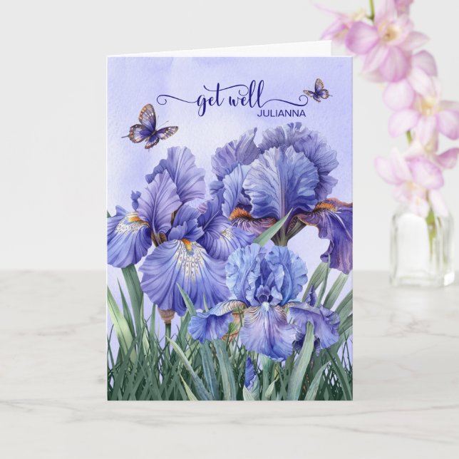 Carte Get Well with a Purple Iris Garden and Butterflies (Orchidée)