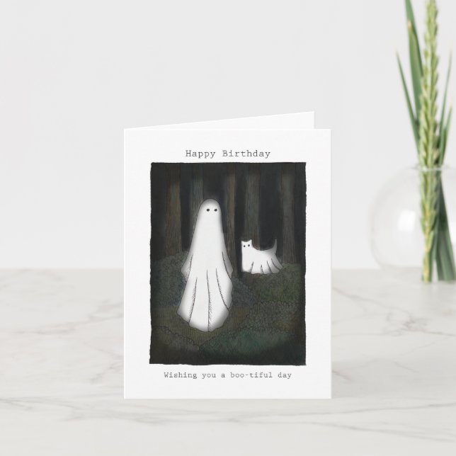Carte Ghost and Ghost cat Mignonne drôle Joyeux annivers (Devant)