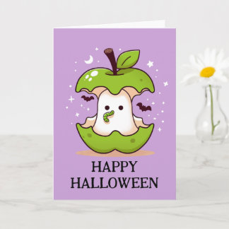 Carte Ghost mignon dans la pomme avec ver violet Hallowe