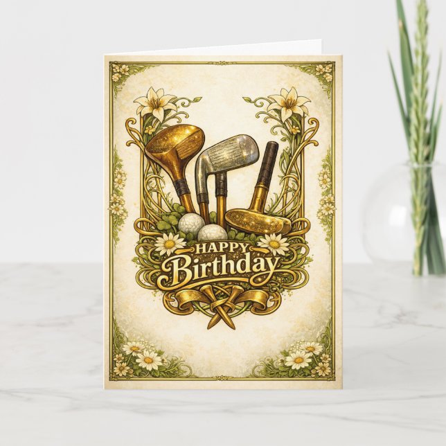 Carte Gilded Golf Antique Birthday (Devant)