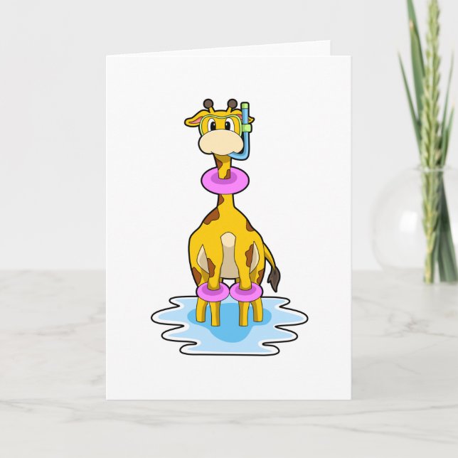Carte Girafe à la piscine avec un bouée de natation (Devant)