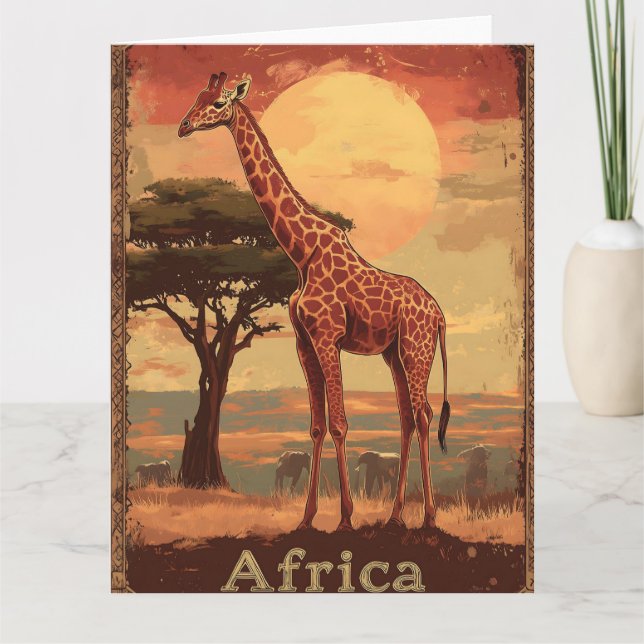 Carte Girafe avec coucher de soleil africain -Poster Vin (Devant)