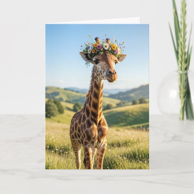 Carte Girafe d'anniversaire avec couronne florale (Devant)