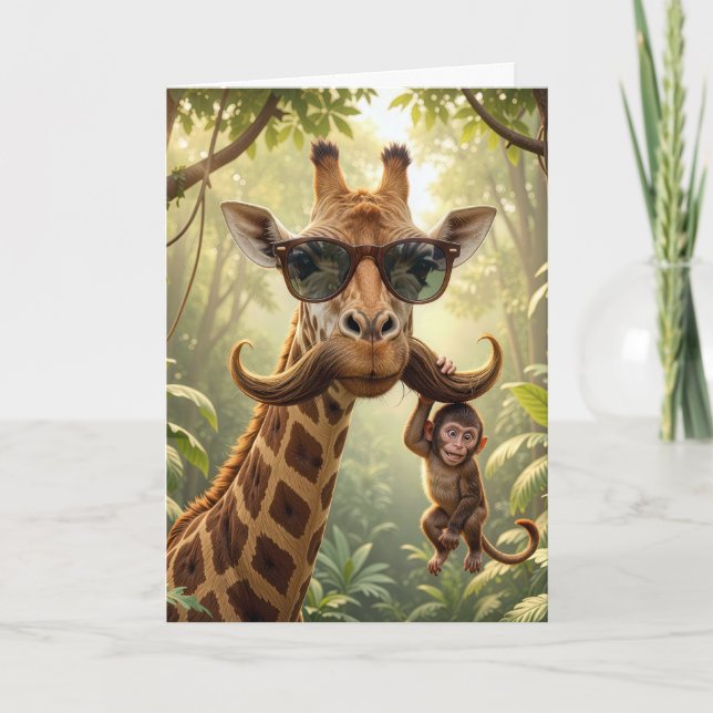 Carte Girafe d'anniversaire avec moustache et singe (Devant)