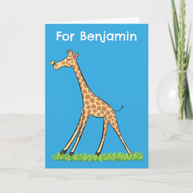 Carte Girafe heureuse mignonne avec un papillon dessin a (Devant)