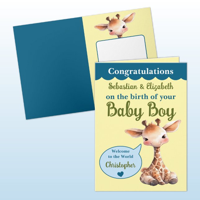 Carte Girafe mignonne ajouter des noms bleu vert bébé ga (Créateur téléchargé)