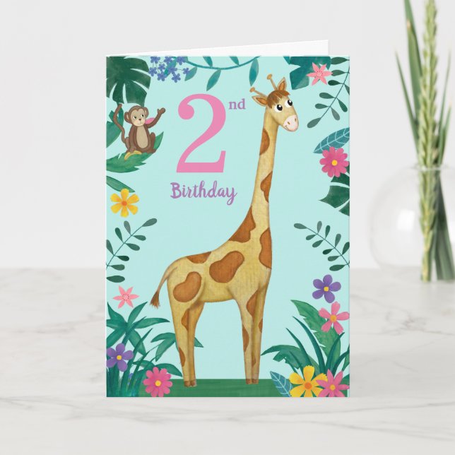 Carte girafe pour 2ème anniversaire fille (Devant)