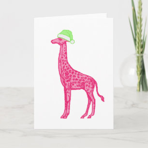 Carte Girafe rose avec chapeau de Père Noël vert