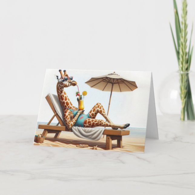Carte Giraffe Anniversaire Boire un cocktail de plage (Devant)
