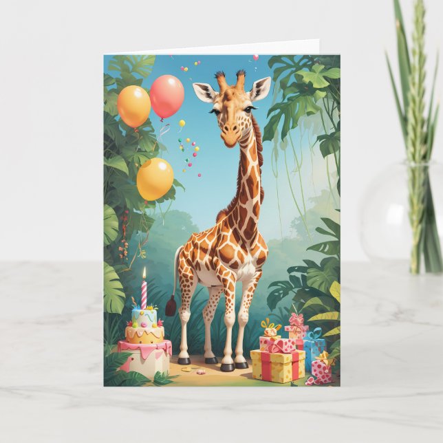 Carte Giraffe de dessin animé avec ballons et gâteau| Ca (Devant)