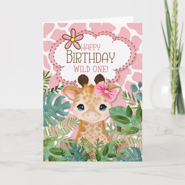 Carte Giraffe de la jungle rose de fille à thème Anniver (Devant)