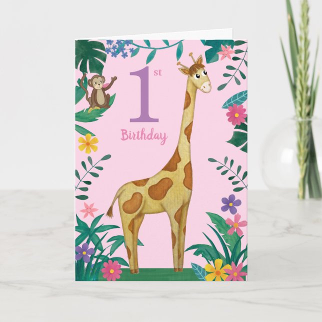 Carte Giraffe pour filles premier anniversaire (Devant)