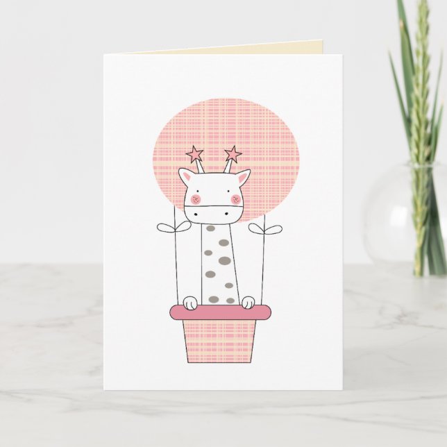 Carte Giraffe rose en ballon à air chaud fille 1er anniv (Devant)