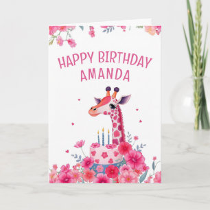 Carte Giraffe rose et gâteau floral Anniversaire