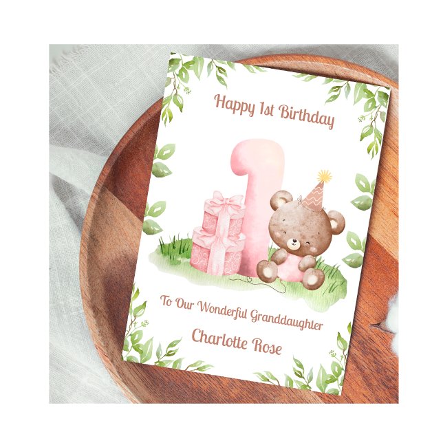 Carte Girl 1st Birthday Greenery Teddy Bear Card (Créateur téléchargé)