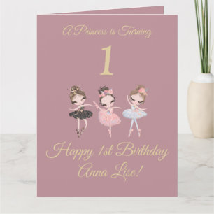 Carte Girl Gold Pink Ballerina Princess 1er anniversaire