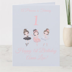 Carte Girl Gold Pink Ballerina Princess 1er anniversaire