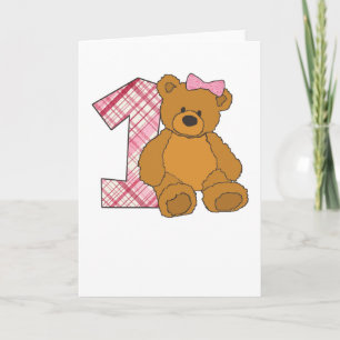 Carte Girl Happy 1st Birthday Bear with 1 and Pink Bow