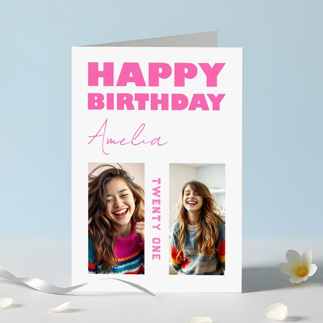 Carte Girl Hot Rose Bold Typographie Photo Anniversaire (Créateur téléchargé)